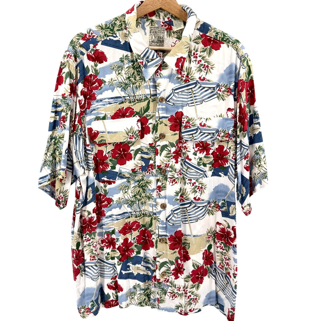 Vintage 90s Roundtree & Yorke Blue Red Hibiscus Caribbean Map Aloha Shirt