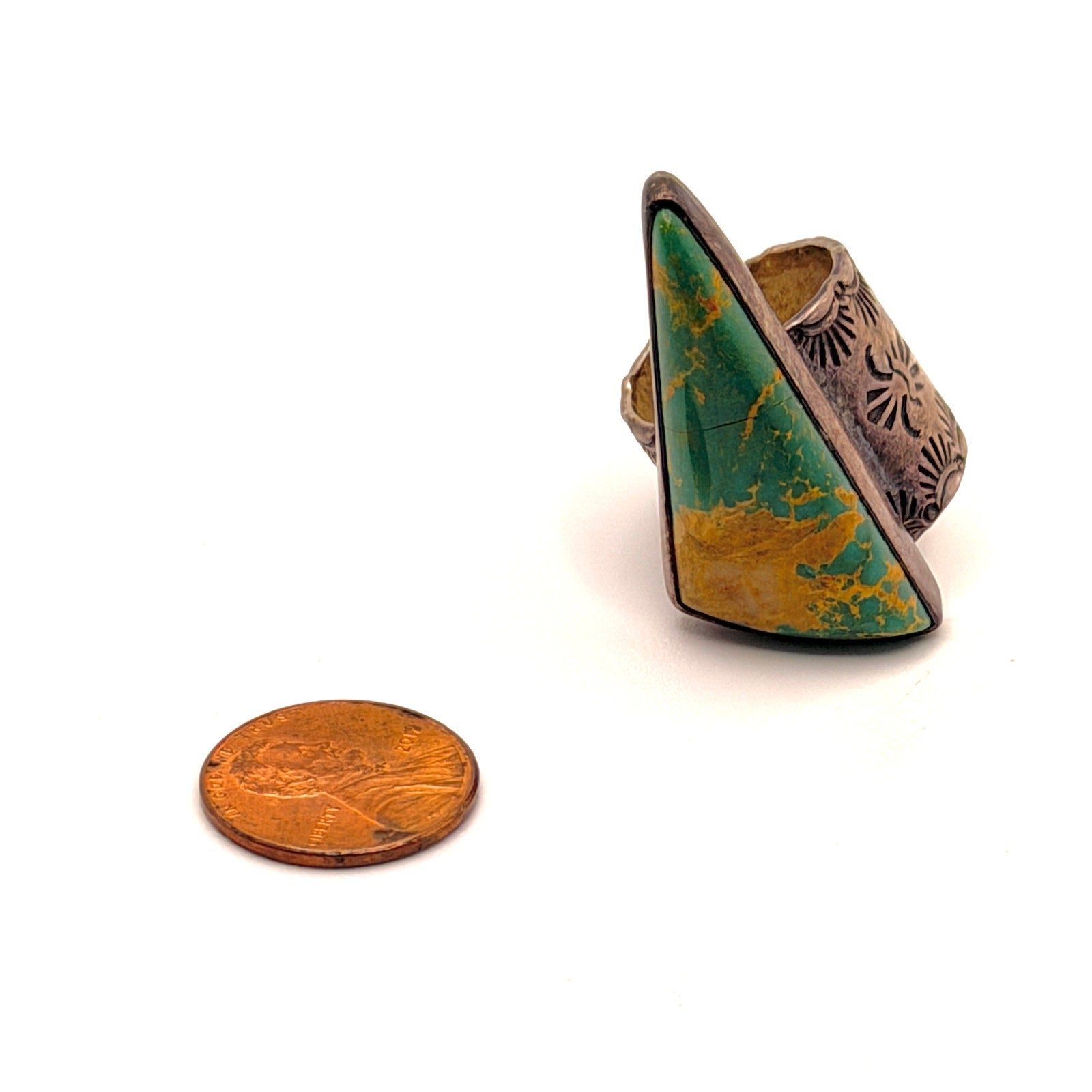 Vintage 90s Southwestern Stamped Sterling Silver Turquoise Triangle Ring
