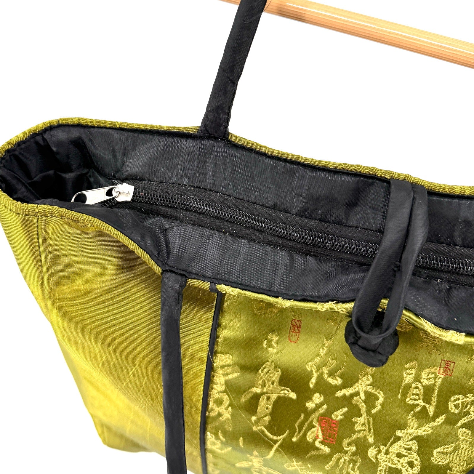 Vintage Y2K Chartreuse Green Padded Silk Embroidered Asian Tote Handbag