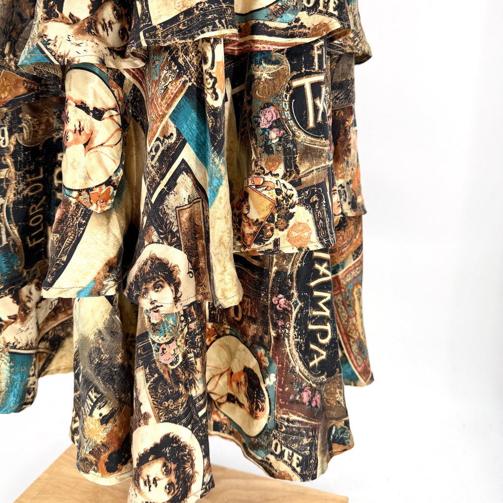 Vintage Y2K Double D Ranch Brown 100% Silk Ephemera Print Blouse Skirt Set
