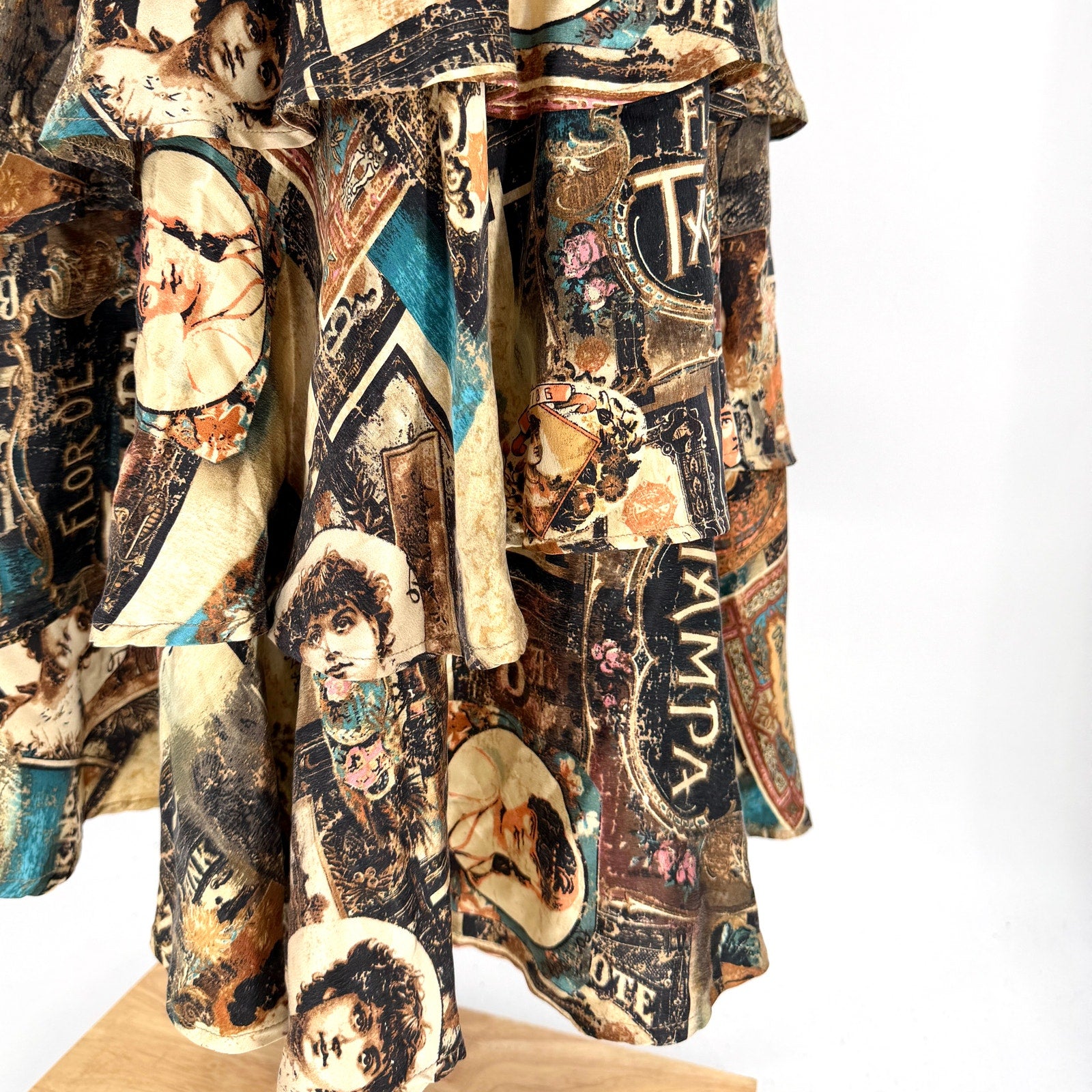 Vintage Y2K Double D Ranch Brown 100% Silk Ephemera Print Blouse Skirt Set