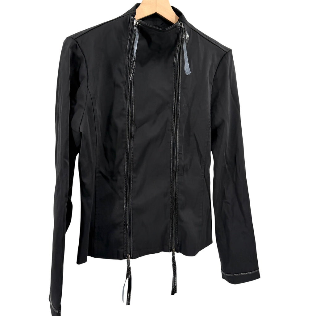 Vintage Y2K Sharagano Black Satin Snakeskin Trim Double Zip Moto Jacket