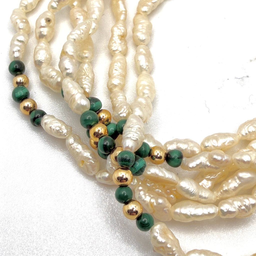 Vintage 80s Multi Strand Rice Pearl Malachite Necklace Bracelet Jewelry Set