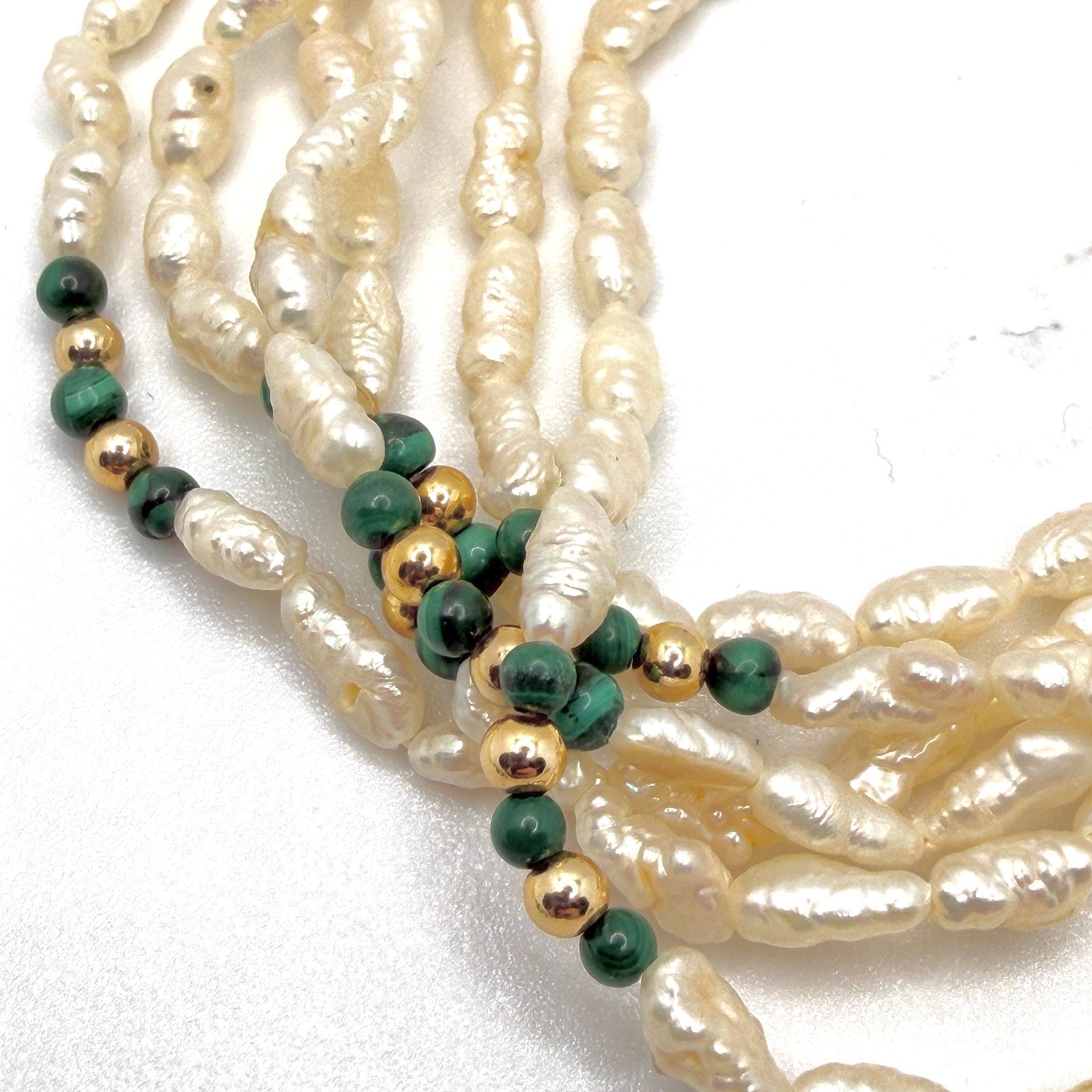 Vintage 80s Multi Strand Rice Pearl Malachite Necklace Bracelet Jewelry Set