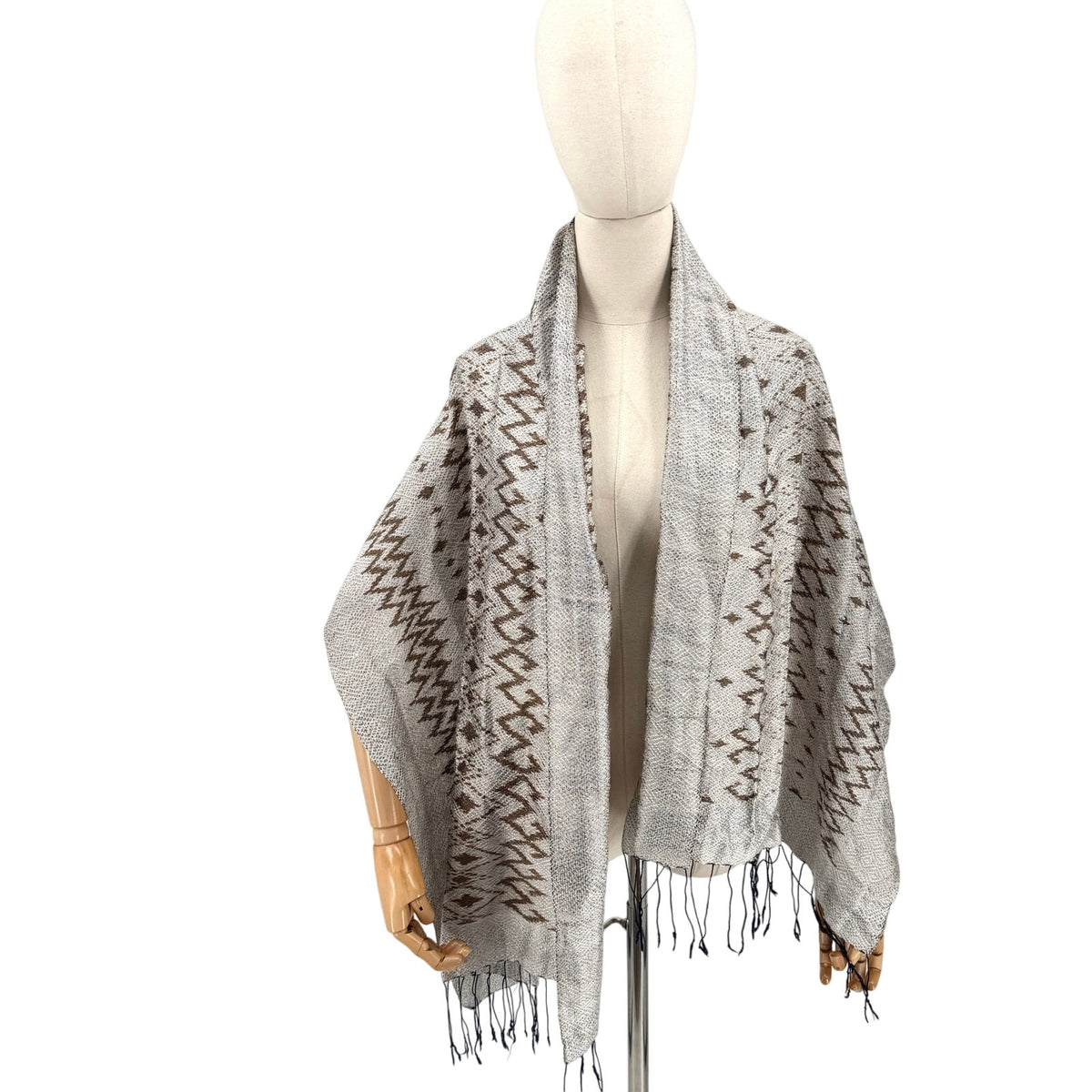 Vintage Y2K Silver Brown 100% Silk Geometric Fringe Scarf Wrap