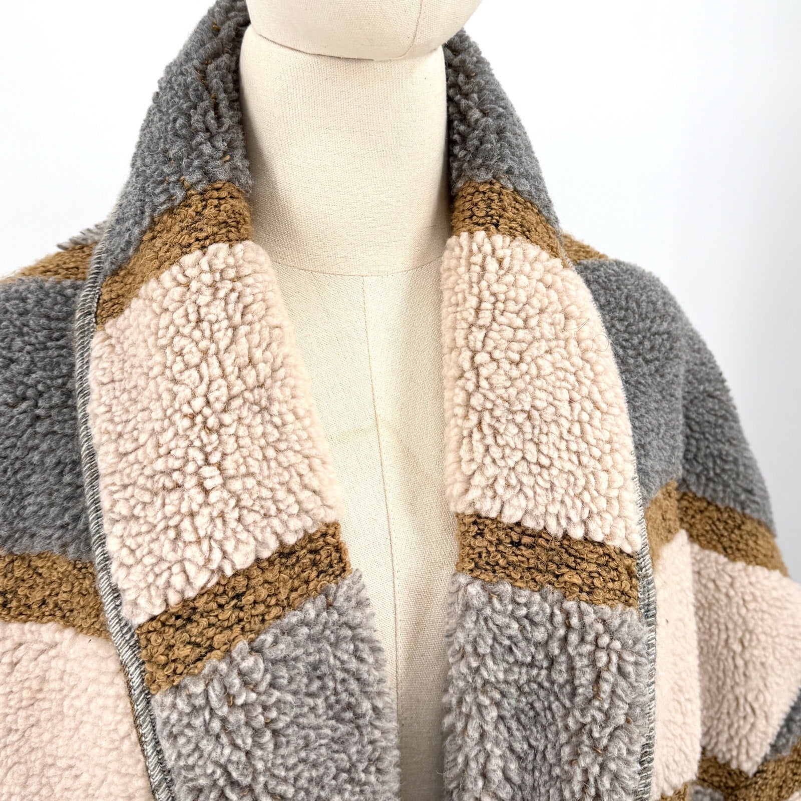 en THREAD Gray Tan Striped Oversized Cocoon Duffel Coat