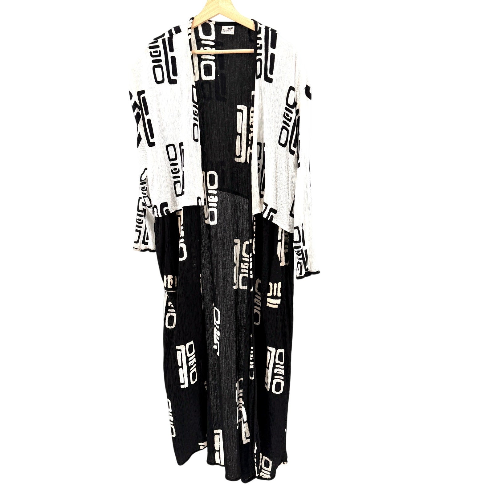 Vintage 90s Kembali Collection Black White Abstract Print Cotton Crinkle Duster