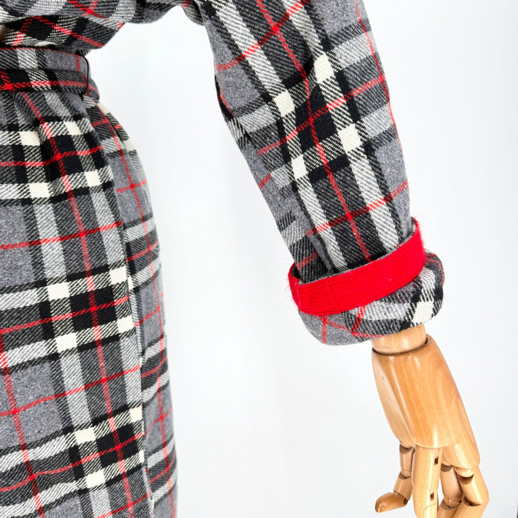 Vintage 60s Gray Red Plaid Dolman Sleeve Belted Midi Dress