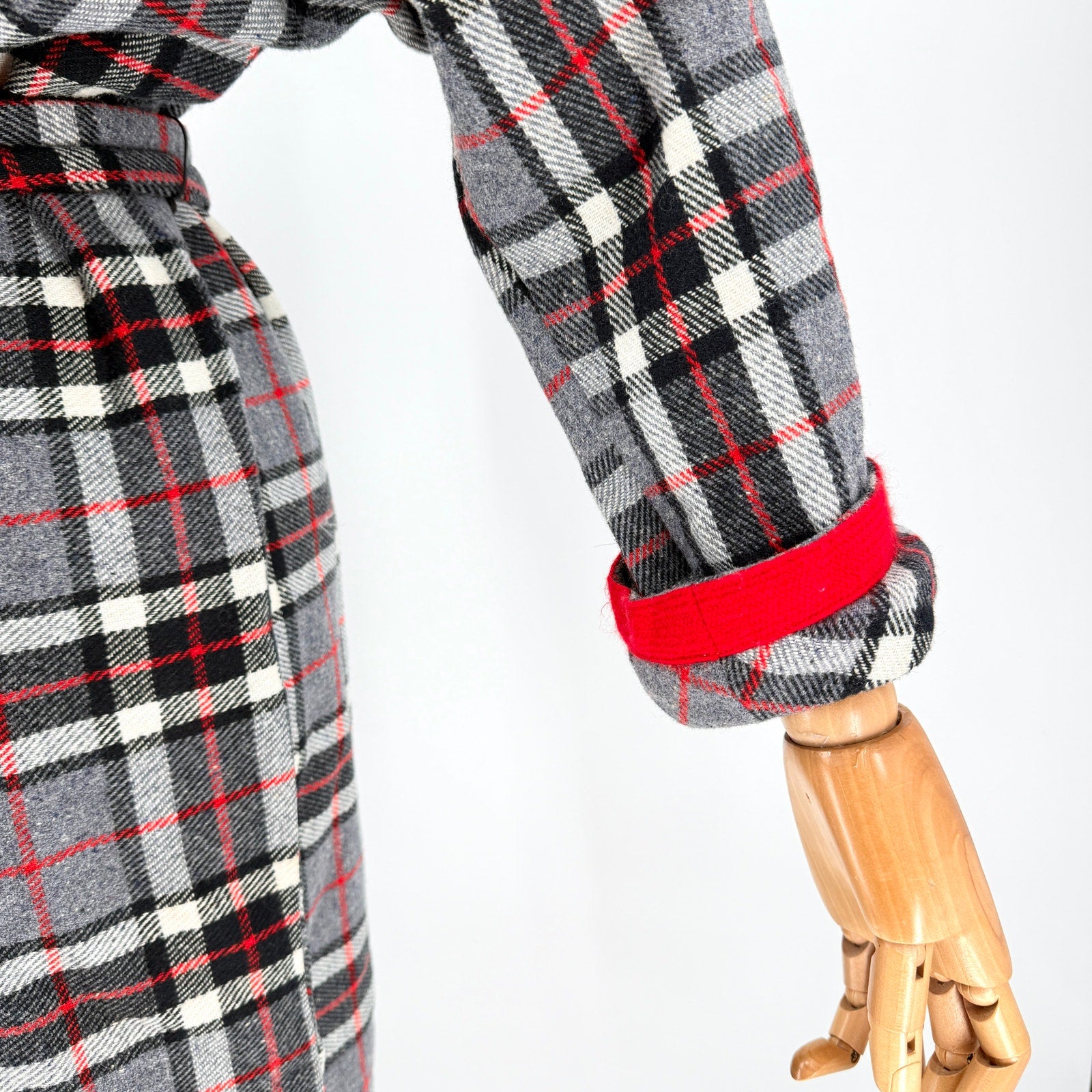 Vintage 60s Gray Red Plaid Dolman Sleeve Belted Midi Dress