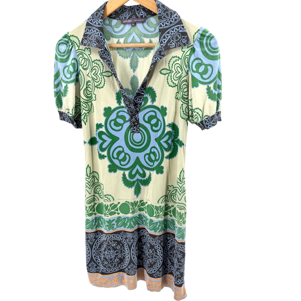 Vintage Y2K Hale Bob Green 100% Silk Graphic Print Polo Mini Dress