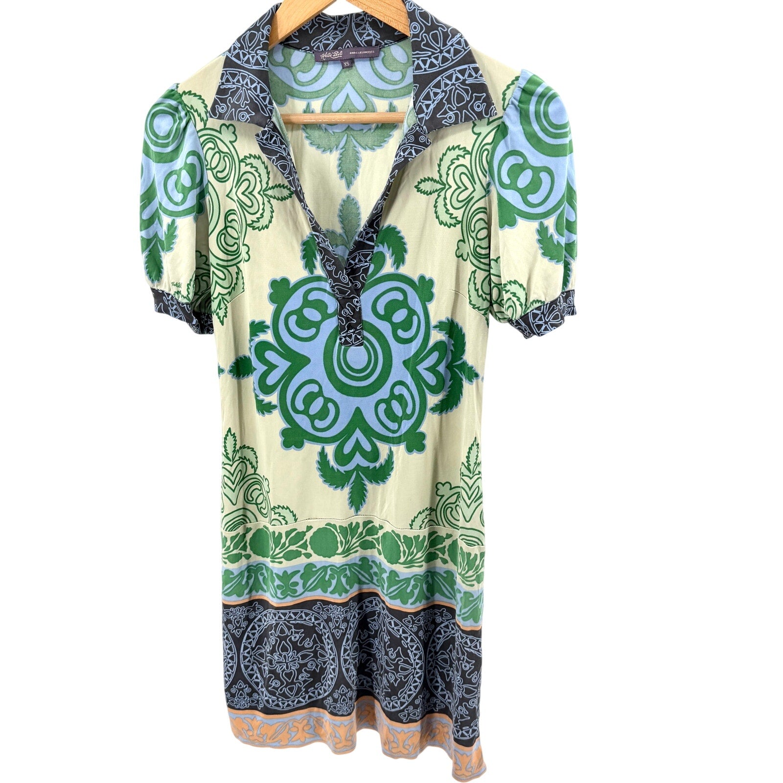 Vintage Y2K Hale Bob Green 100% Silk Graphic Print Polo Mini Dress