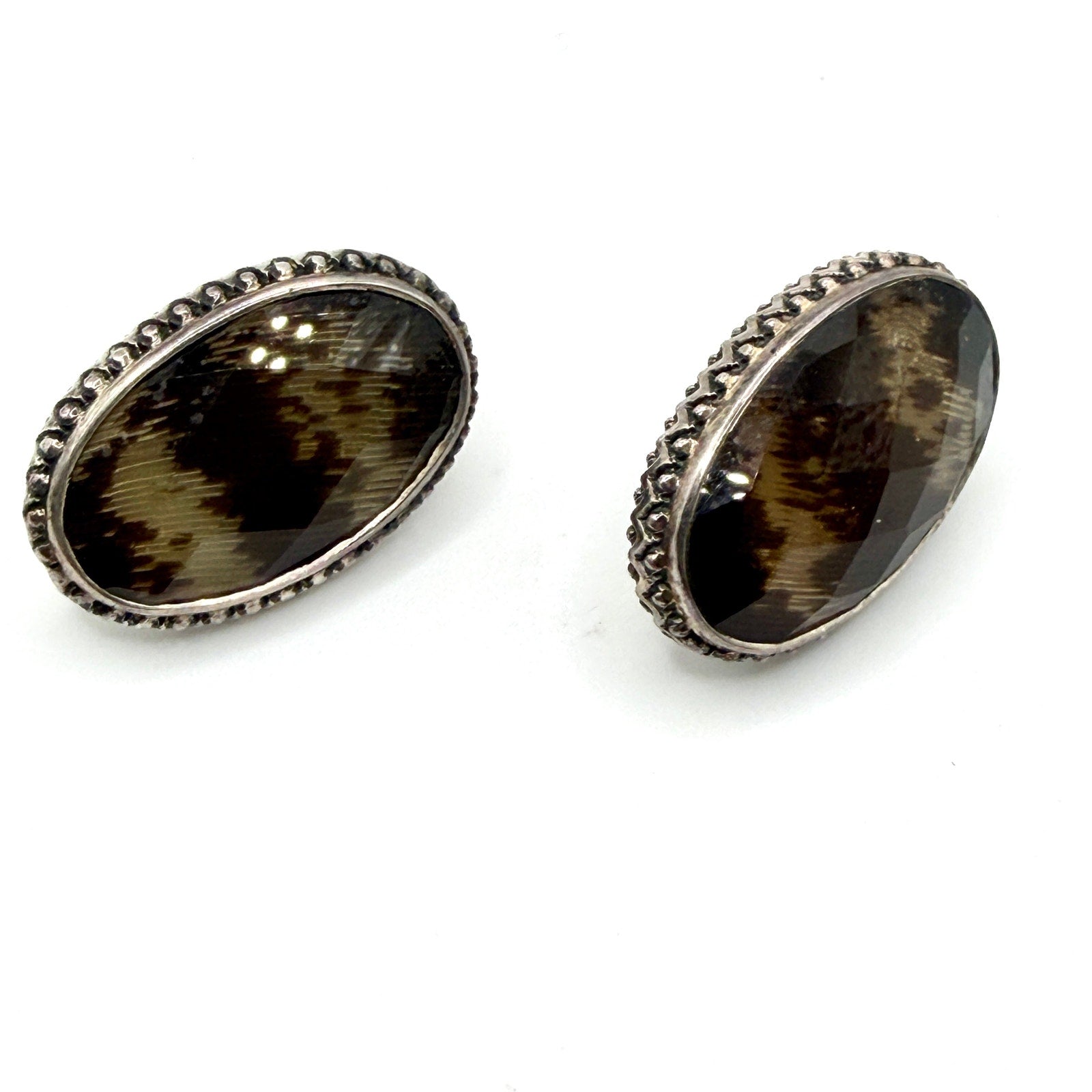 Vintage 90s Amy Kahn Russell Sterling Silver Tiger Eye Oval Post Earrings