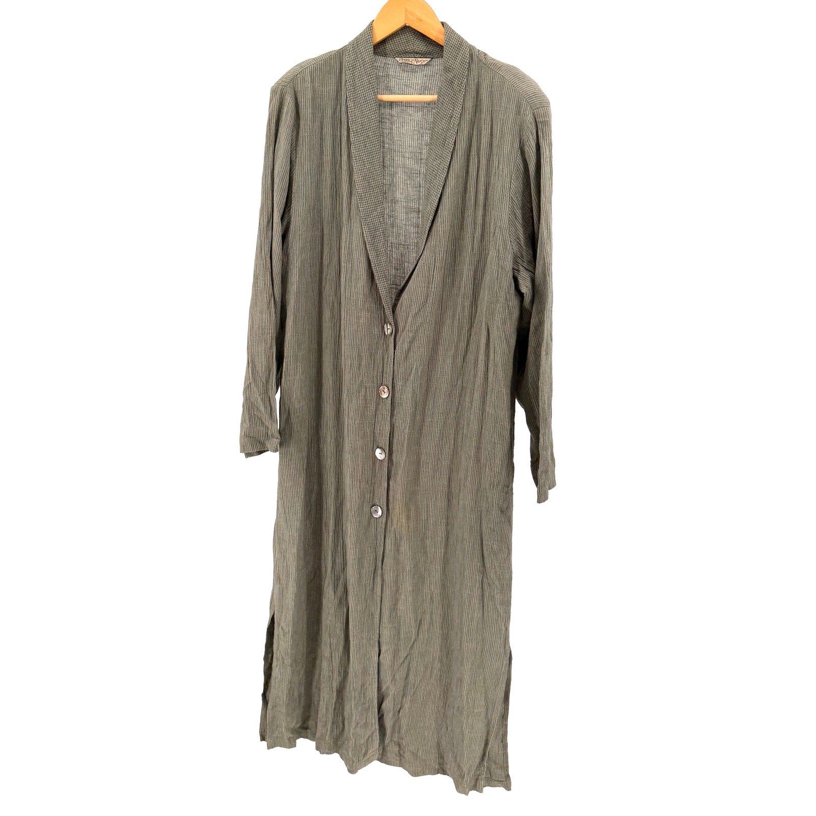 Vintage 80s Pebble Rayon Sage Green Striped Iridescent Button Duster Jacket