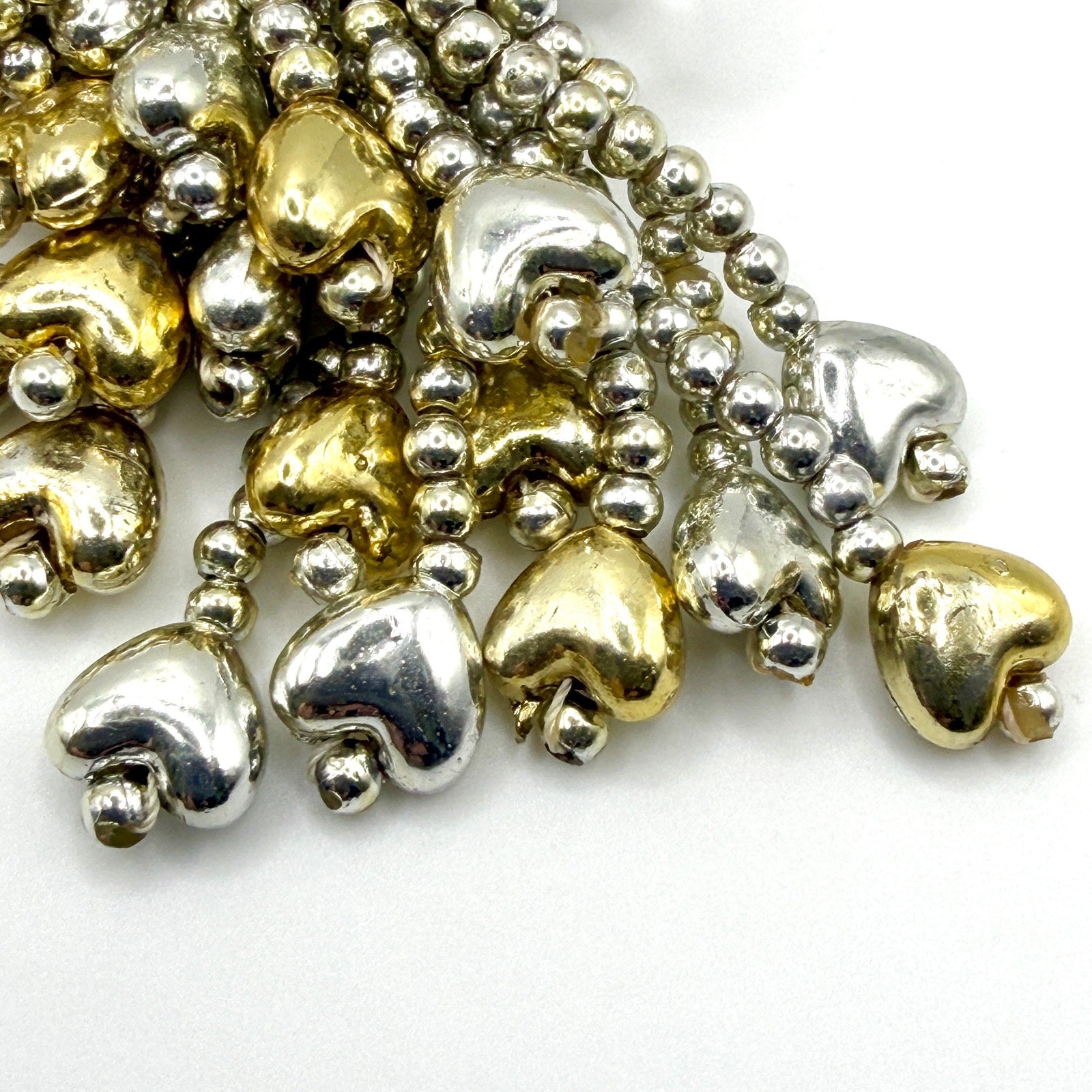 Vintage 80s Two Tone Cascade Puffy Heart Waterfall Fringe Clip On Earrings