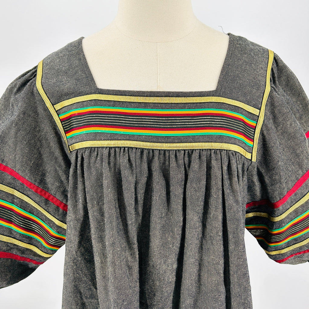 Vintage 70s Krist Gudnason Gray Striped Ribbon Trim Puff Sleeve Muumuu Dress