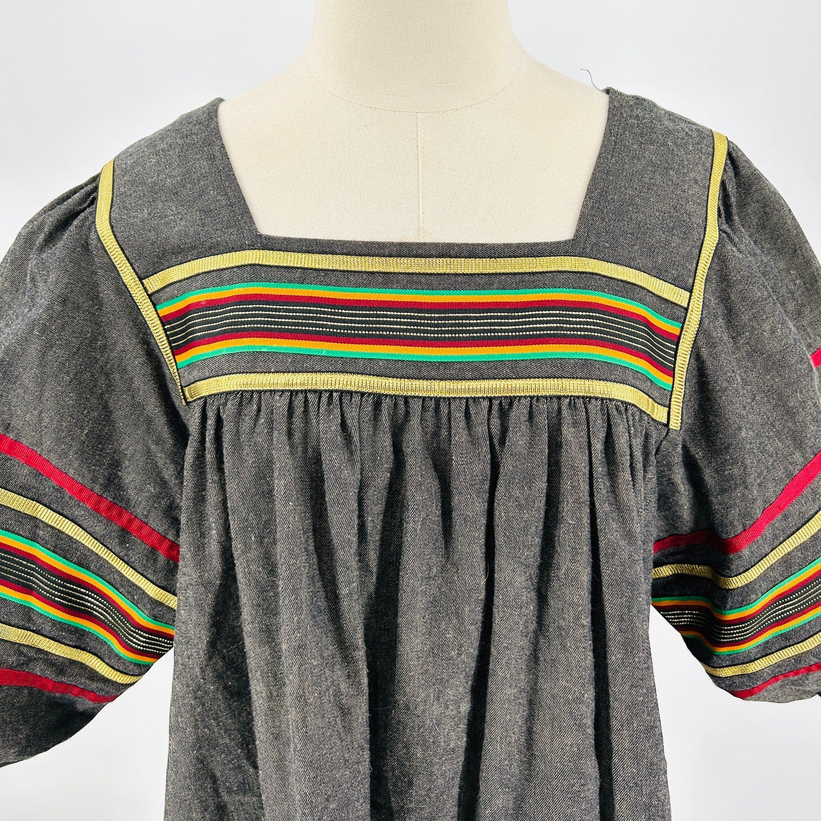 Vintage 70s Krist Gudnason Gray Striped Ribbon Trim Puff Sleeve Muumuu Dress