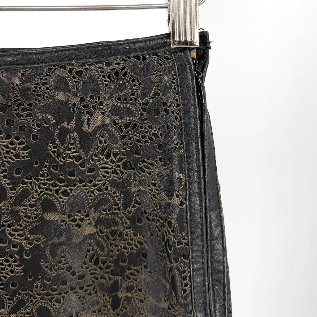Vintage 90s Anne Klein Black Genuine Leather Floral Laser Cut Pencil Skirt