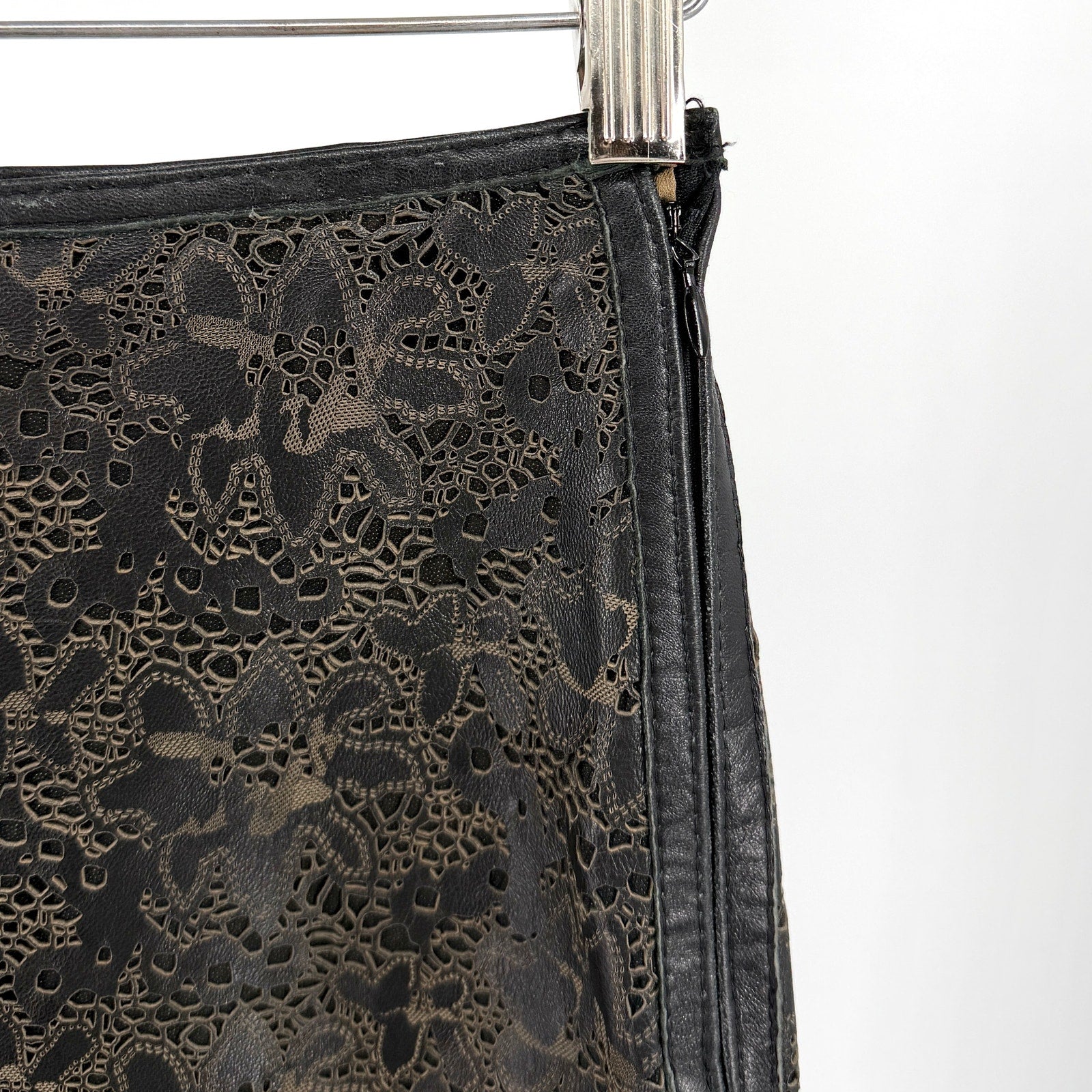 Vintage 90s Anne Klein Black Genuine Leather Floral Laser Cut Pencil Skirt