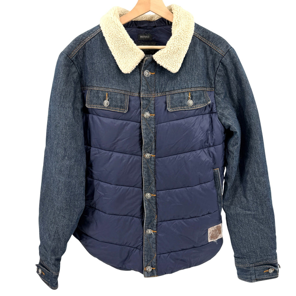 Buffalo David Bitton Navy Blue Denim Faux Shearling Puffer Jacket