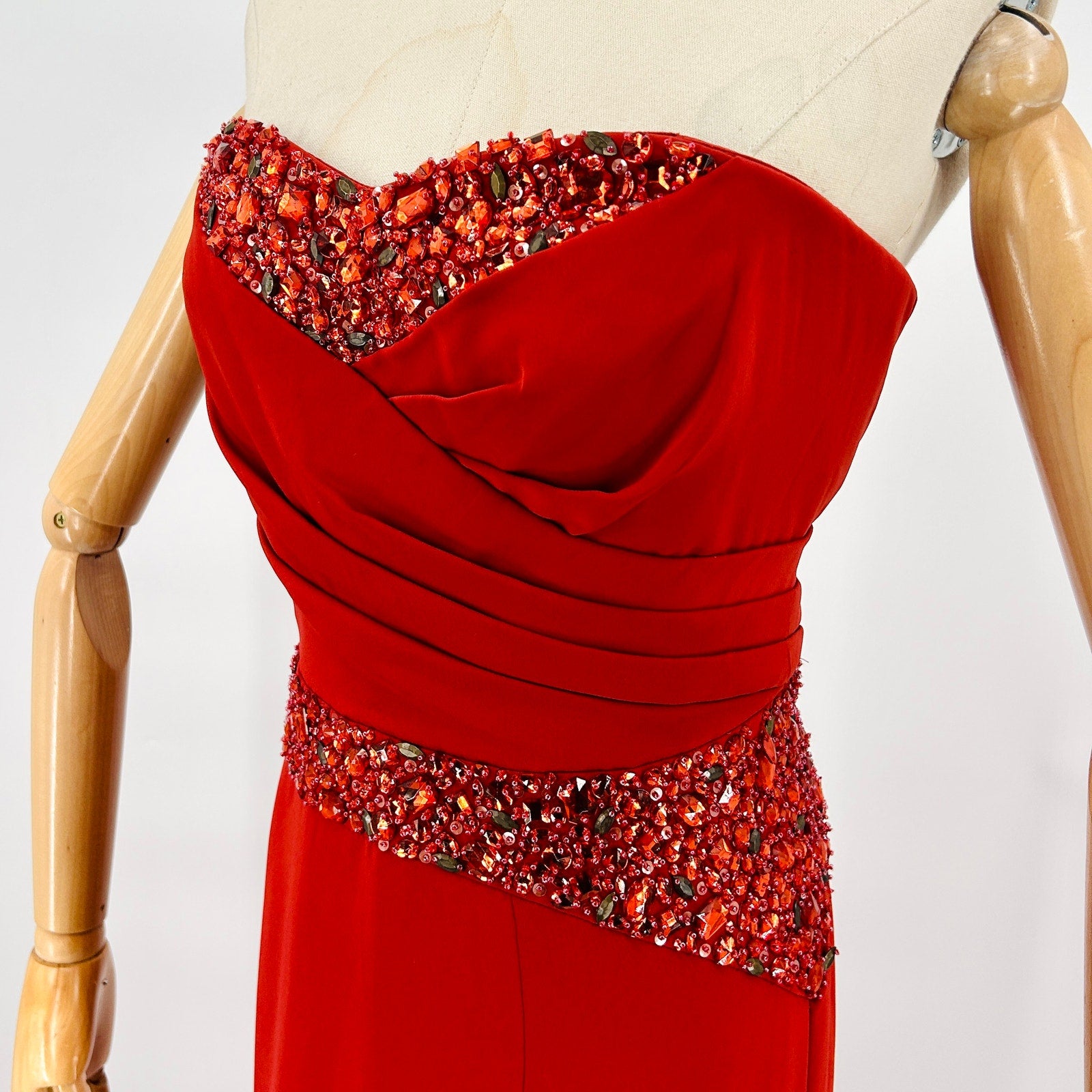 NWT Pamella Roland Red Embellished Ruched Strapless Gown
