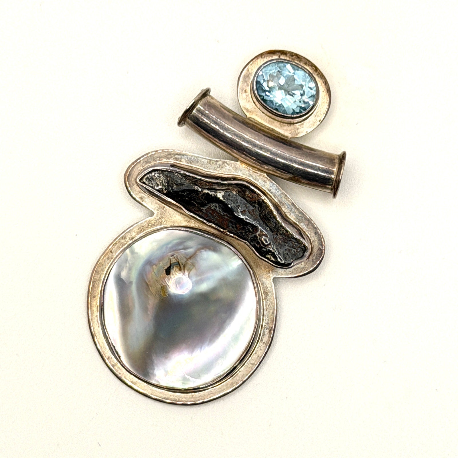 Vintage 90s Starborn Sterling Mother of Pearl Blue Topaz Tektite Slide Pendant