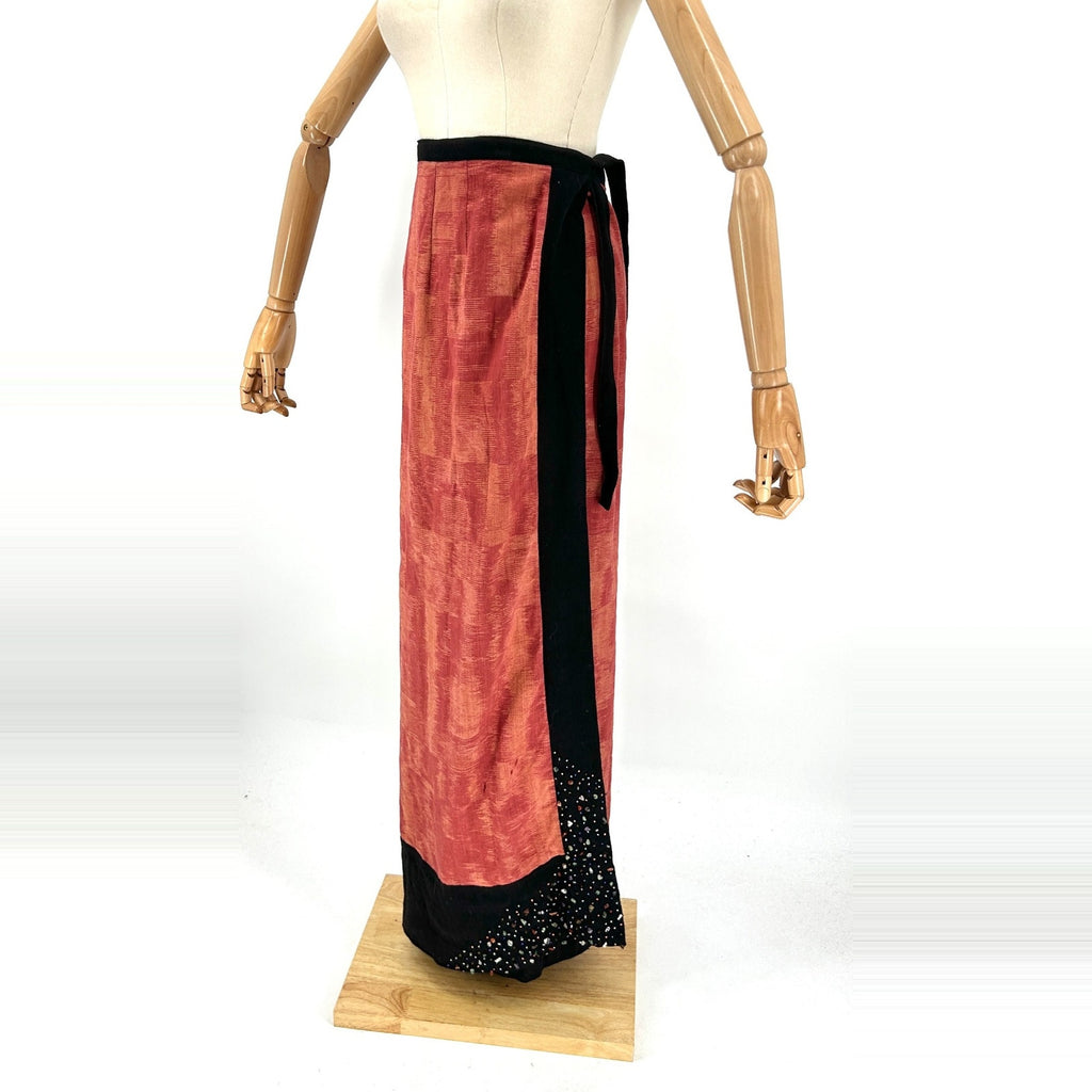 Vintage 90s Thai Handmade Red Bejeweled Kimono Jacket & Wrap Skirt Set
