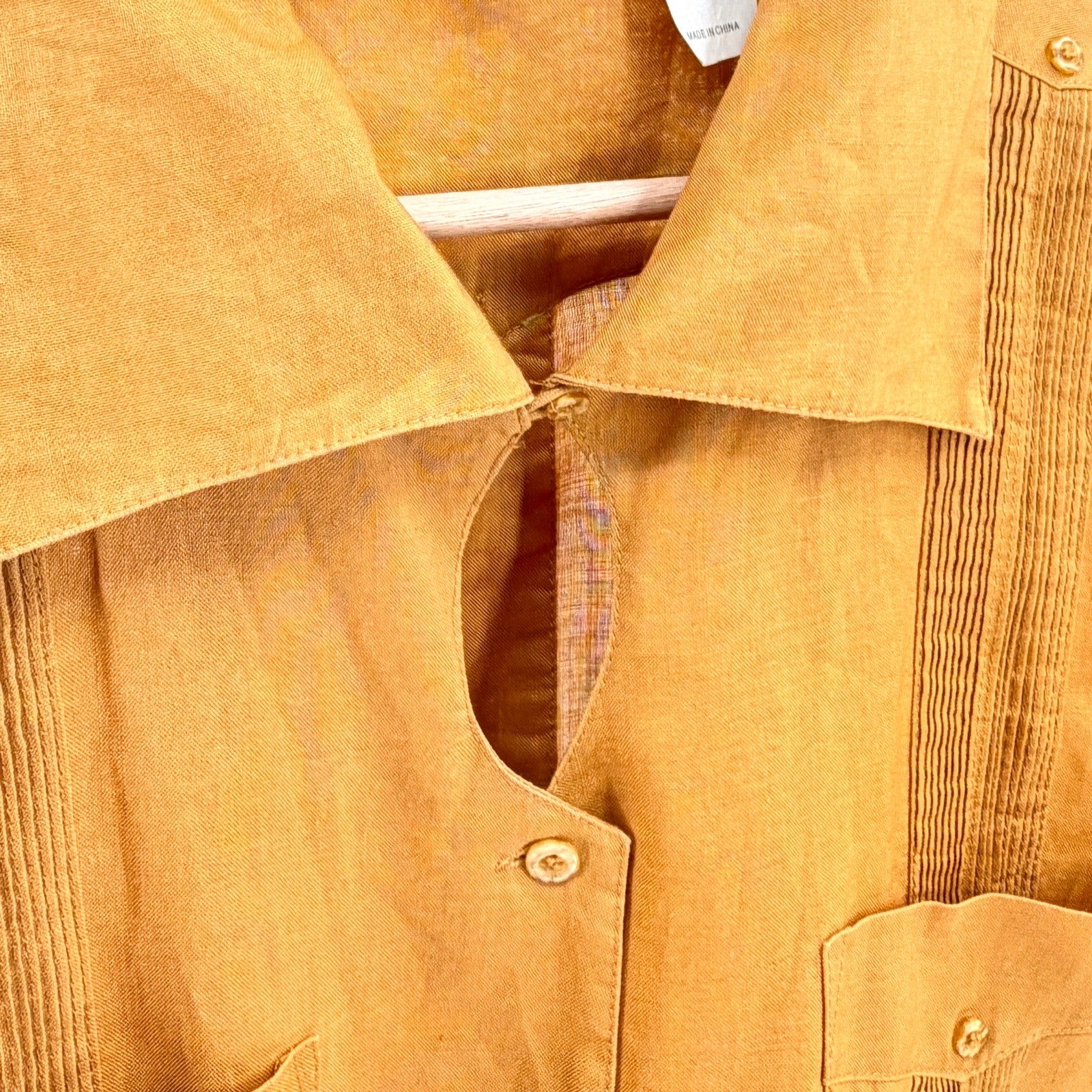 Vintage Y2K J.M.P. Ochre Yellow Linen Keyhole Guayabera Blouse