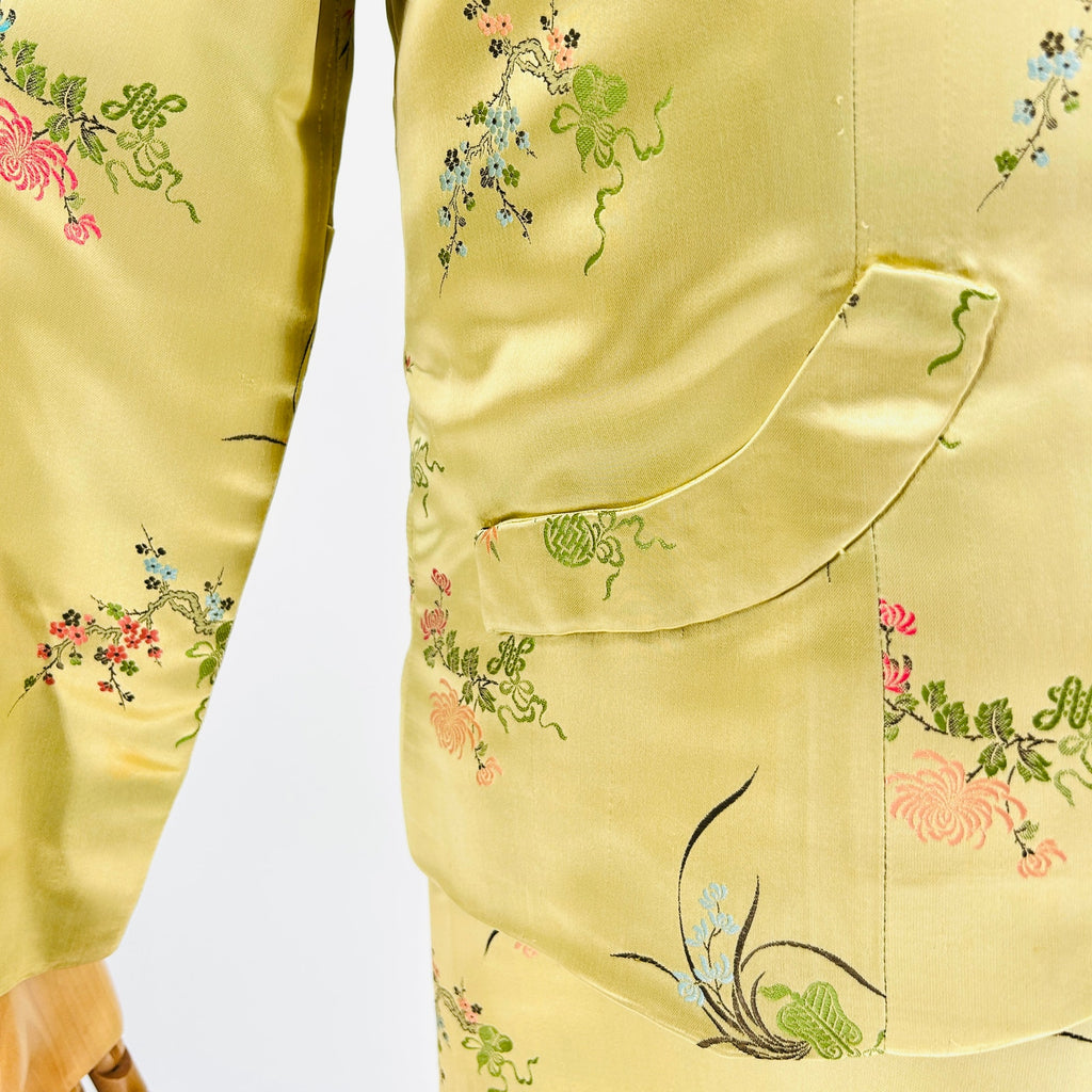 Vintage 60s Couture Gold 100% Silk Satin Embroidered Cheongsam Dress Suit
