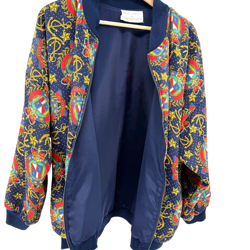 Vintage 80s Periphery Navy Nautical Anchor Crest Print Bomber Jacket