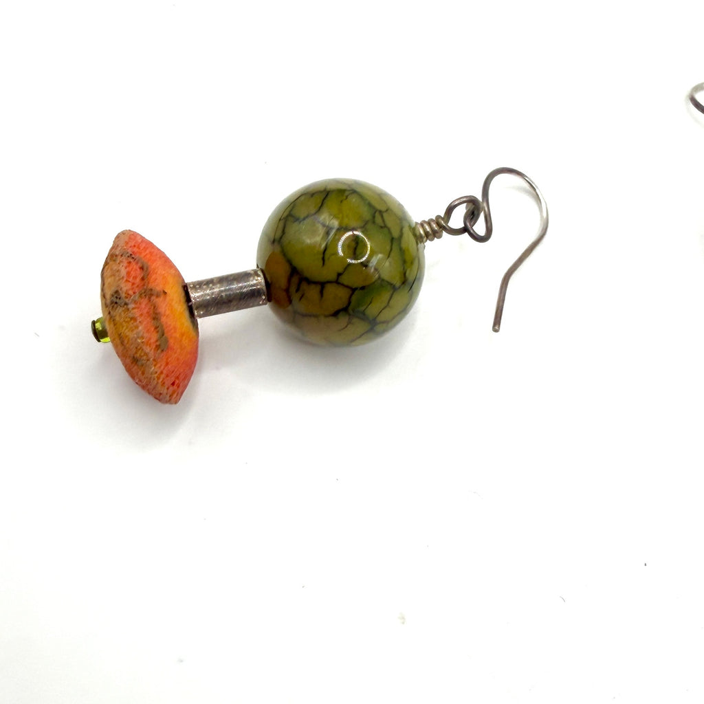 Vintage 90s Olive Green Crackle Glass Boho Drop Earrings