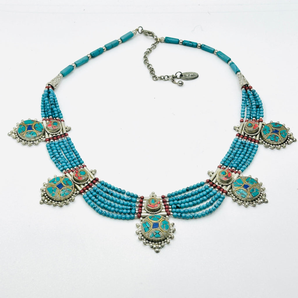 Tribal Ethnic Intricate Silver Talisman Necklace inlayed with Turquoise chips