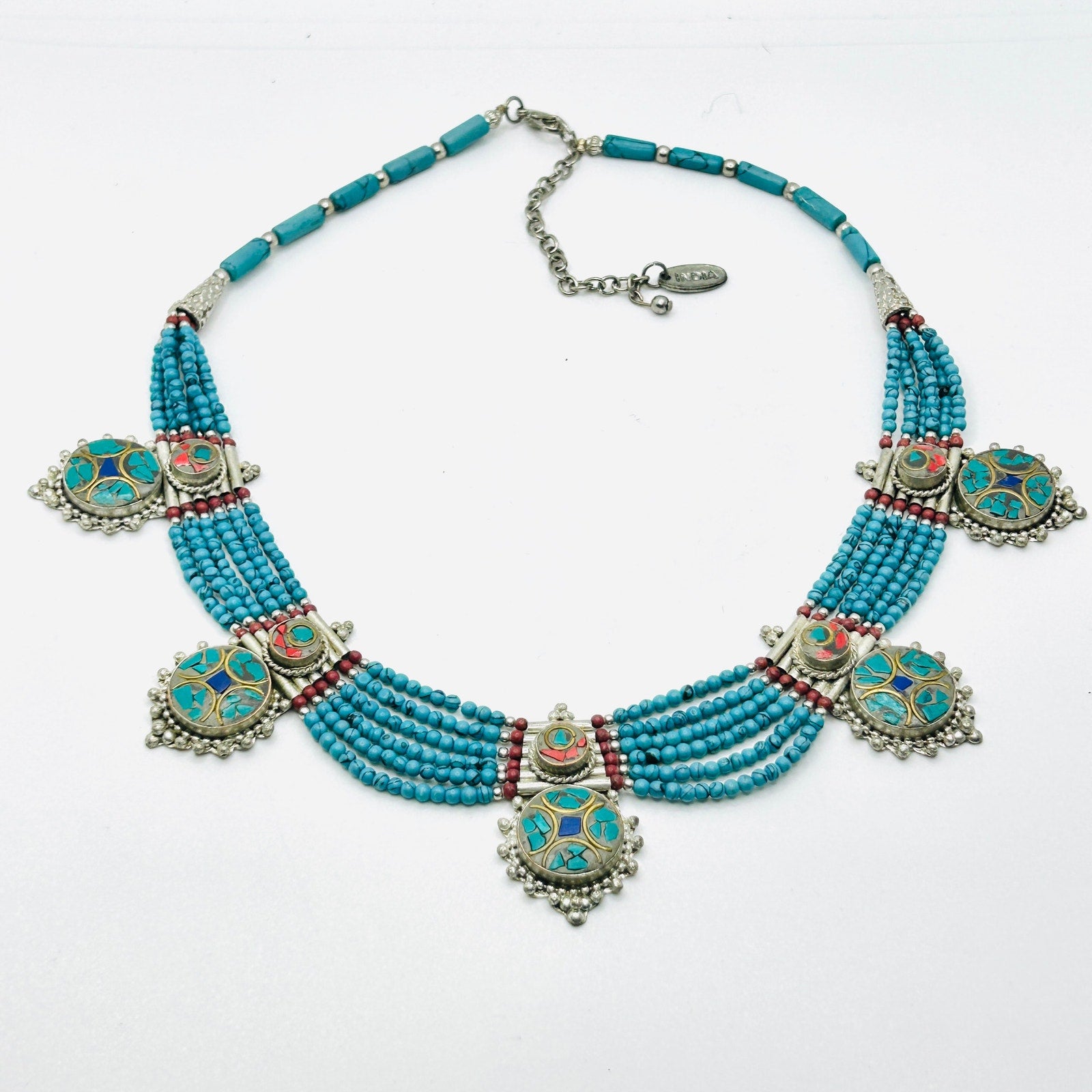 Tribal Ethnic Intricate Silver Talisman Necklace inlayed with Turquoise chips