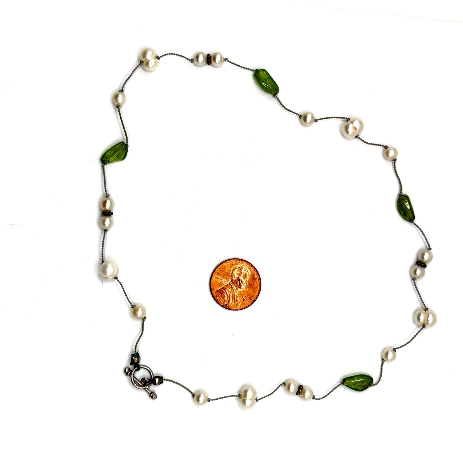 Vintage 90s Sterling Silver Peridot Freshwater Pearl Floating Strand Necklace