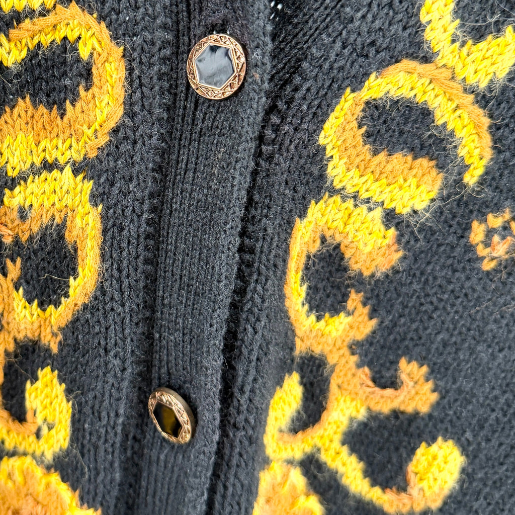 Vintage 90s SK & Company Black Gold Baroque Mobwife Button Up Cardigan Sweater