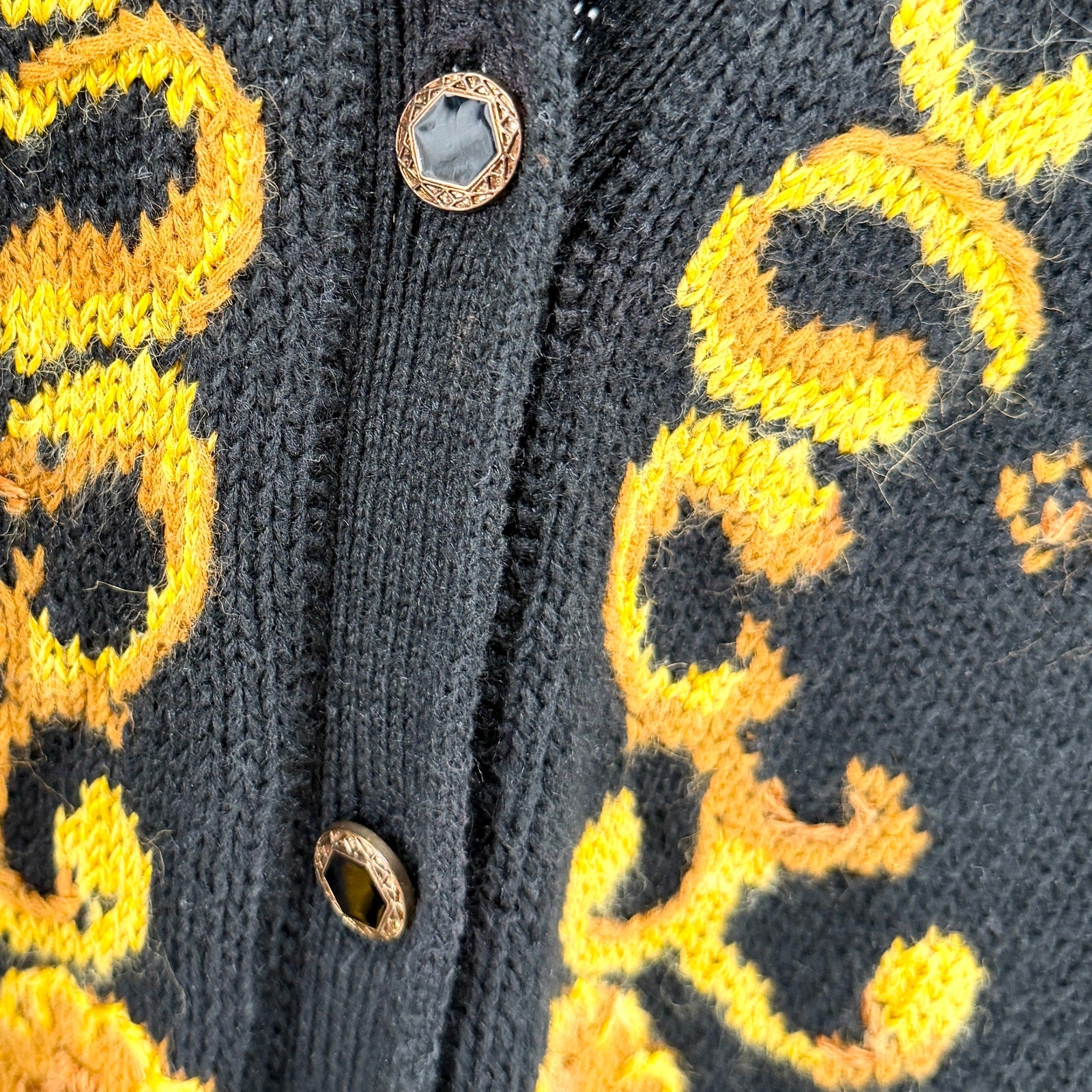 Vintage 90s SK & Company Black Gold Baroque Mobwife Button Up Cardigan Sweater
