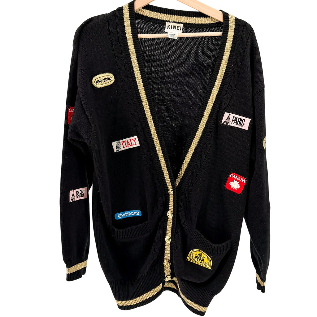 Vintage 80s Kinei Black Knit Travel Patch Gold Trim Varsity Cardigan Sweater