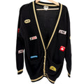 Vintage 80s Kinei Black Knit Travel Patch Gold Trim Varsity Cardigan Sweater