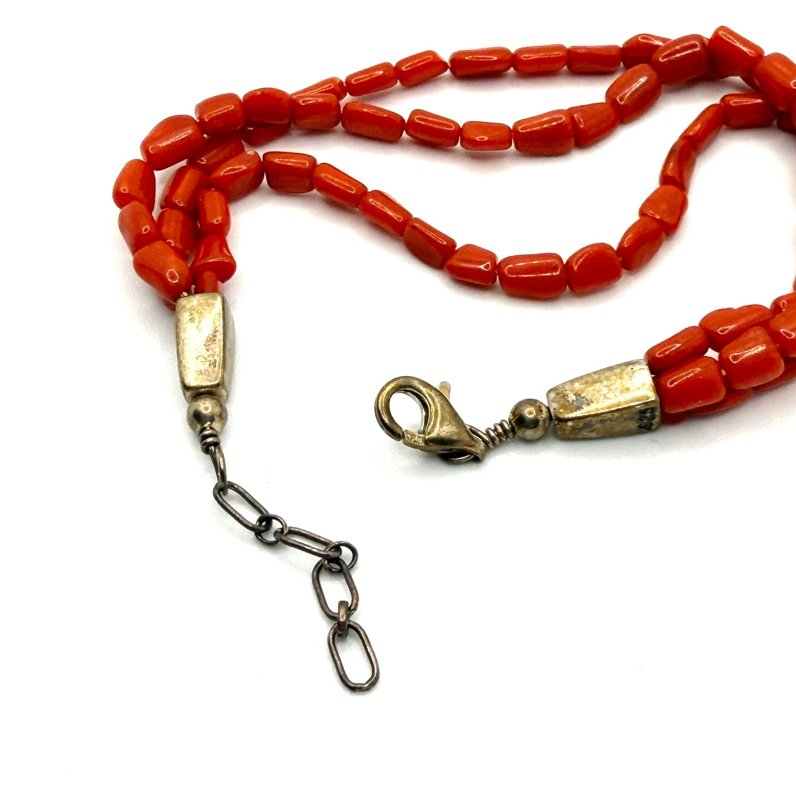 Vintage 90s Stamped Sterling Silver Red Coral Three Strand Bead Bracelet