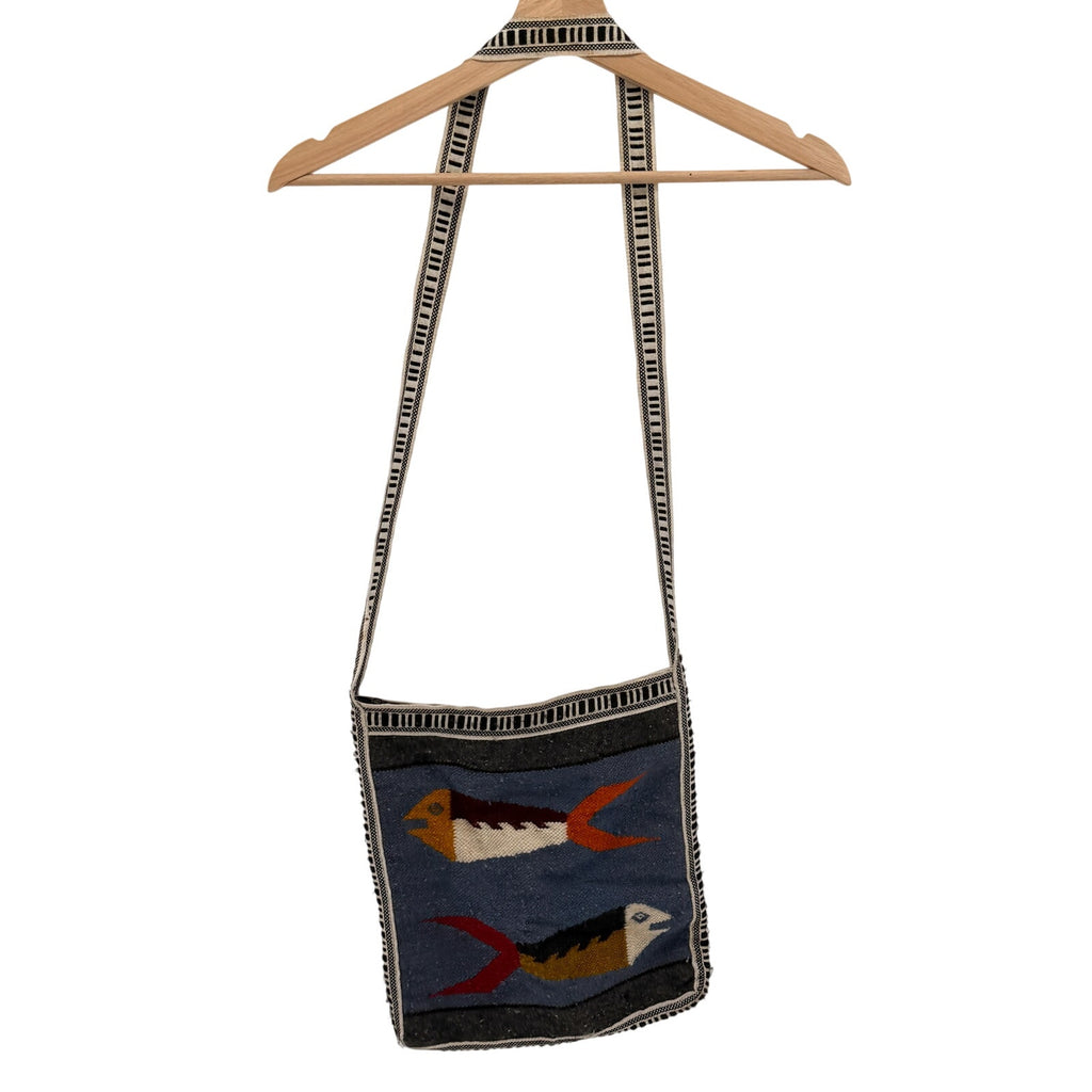Vintage 90s Indigo Blue 100% Wool Boho Woven Fish Motif Shoulder Bag