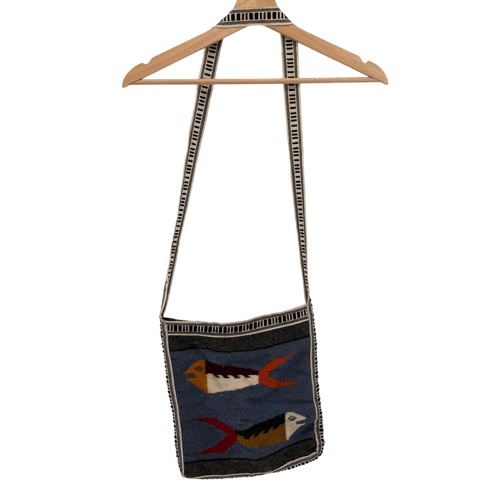 Vintage 90s Indigo Blue 100% Wool Boho Woven Fish Motif Shoulder Bag