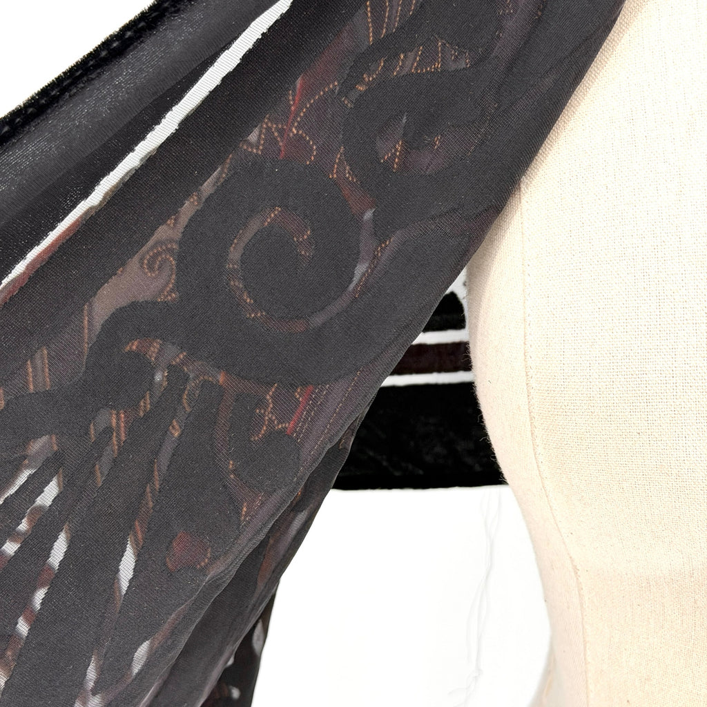 Vintage 90s Felicianni Black Red Gold Paisley Burnout Velvet Fringed Wrap Scarf