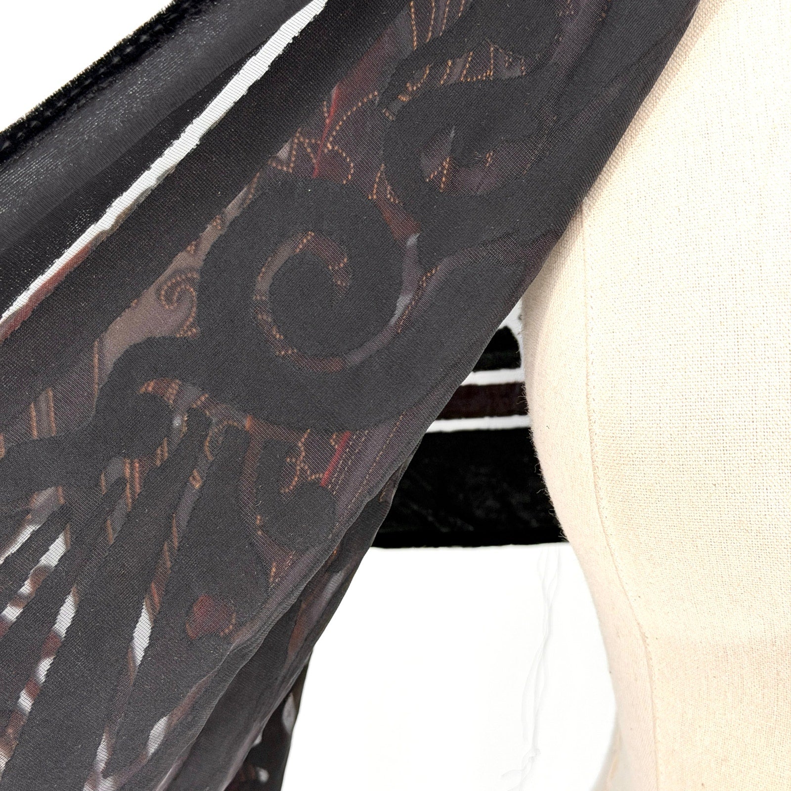 Vintage 90s Felicianni Black Red Gold Paisley Burnout Velvet Fringed Wrap Scarf