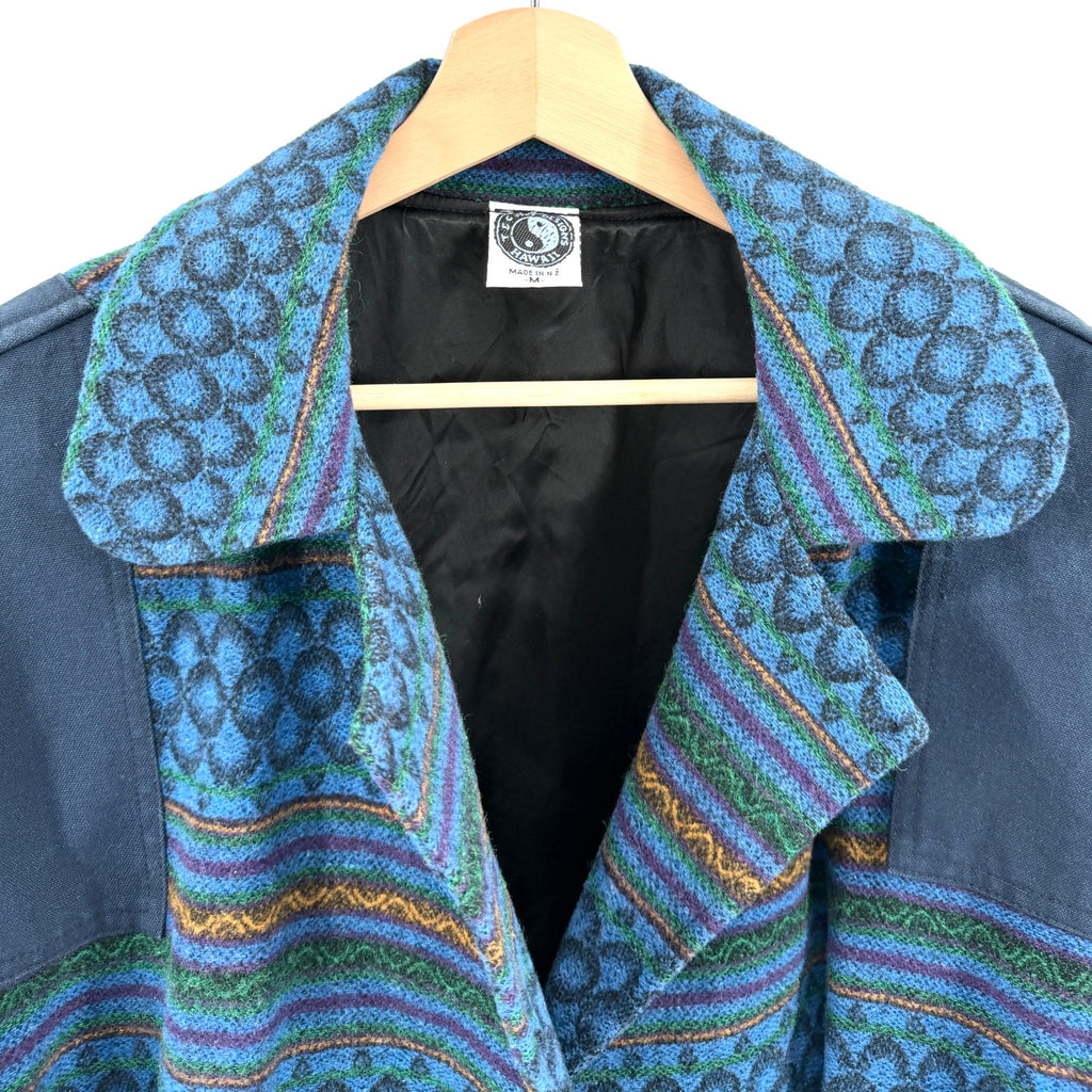 Vintage 90s T&C Surf Designs Blue Wool Cotton Tribal Open Front Jacket