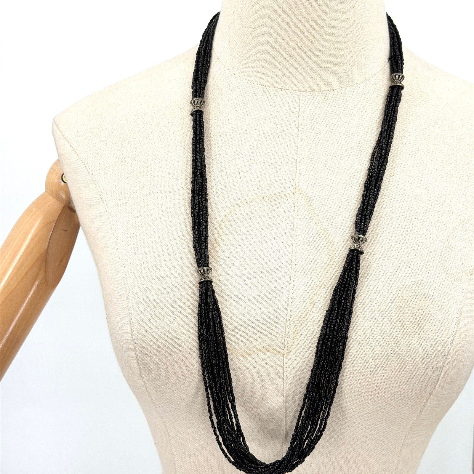 Vintage Black Multi Strand Glass Seed Bead Silver Tone Accent Statement Necklace