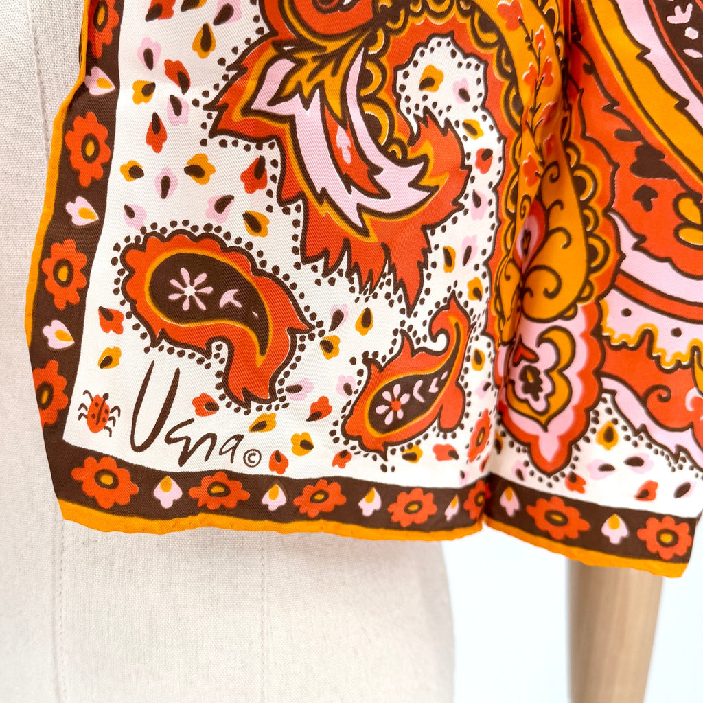 Vintage 70s Vera Neumann Orange 100% Silk Paisley Scarf