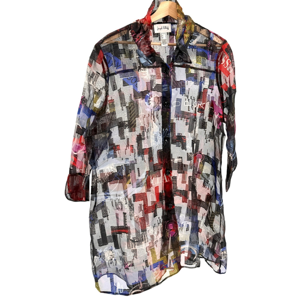 Joseph Ribkoff Black Sheer Graffiti Print Wire Collar Duster Overlay Jacket