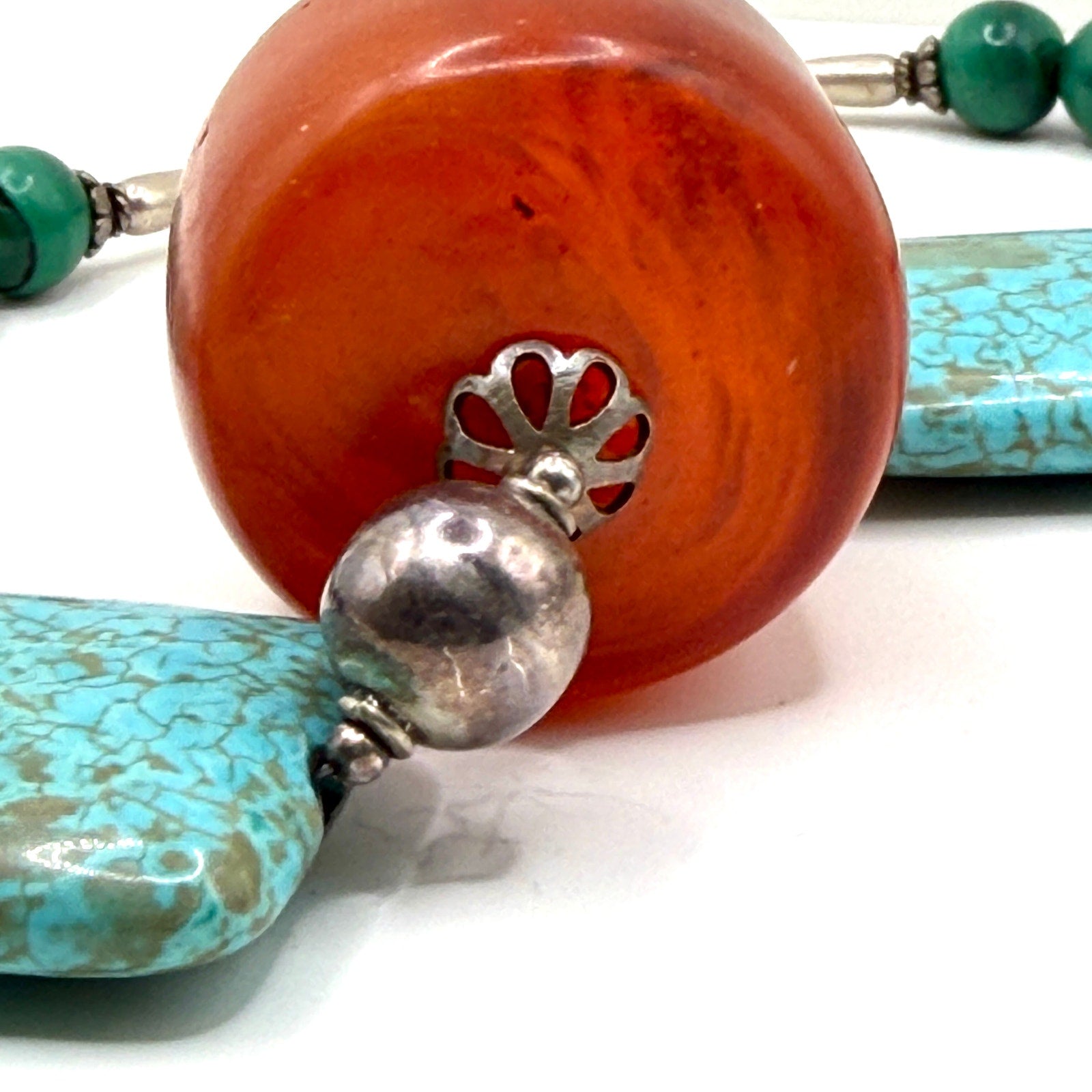 Vintage 90s Southwestern Sterling Turquoise Genuine Amber Necklace