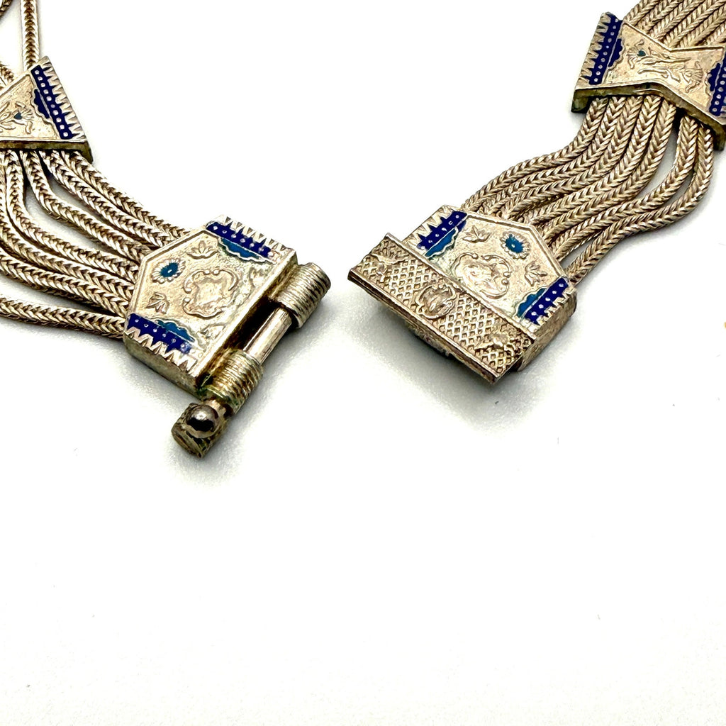 Vintage 60s Stamped Sterling Silver Turkish Trabzon Enamel Multi Strand Necklace