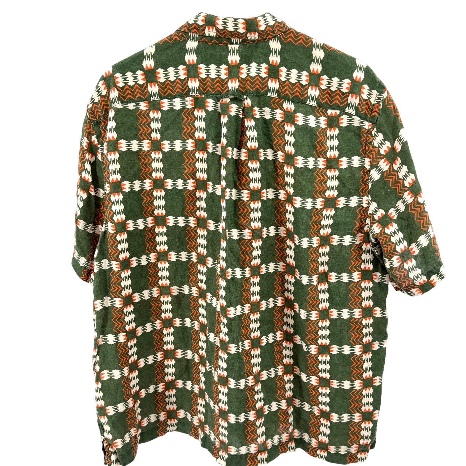 J. Peterman Company Green 100% Linen Tribal Print Short Sleeve Shirt