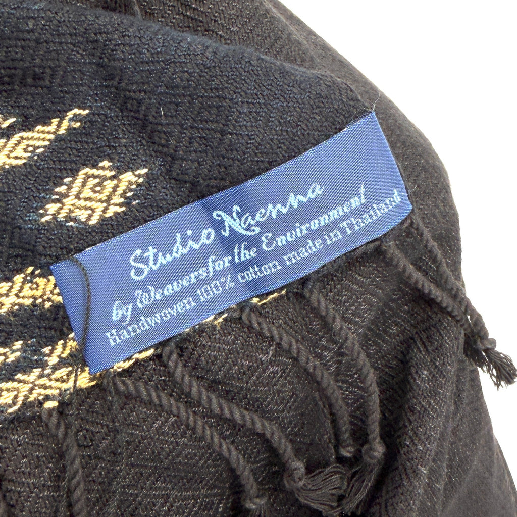 Studio Naenna Black Tan Ikat 100% Cotton Handwoven Fringed Shawl Scarf